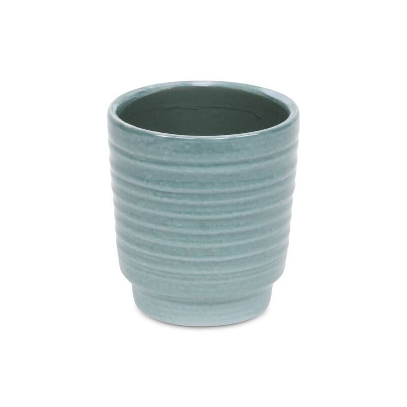 HomeRoots Celadon Ceramic 35 Ounce Striped Round Distressed Pot Planter - 5.00 in. x 5.50 in. x 5.00 in.
