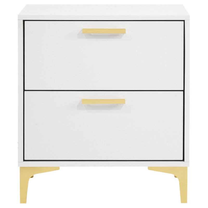 White and Gold 2-Drawer Rectangular Nightstand with Gold Pull Handles