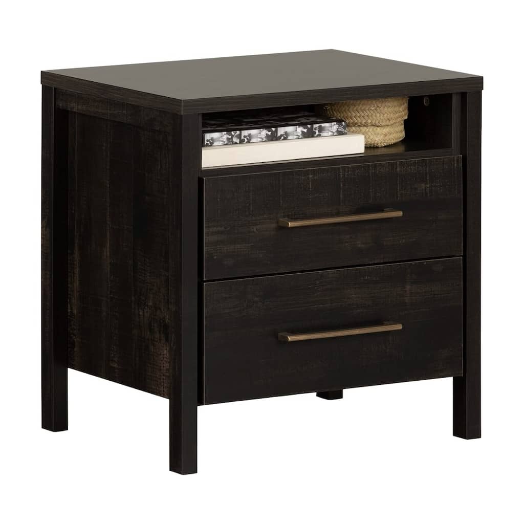 Space-Saving Wooden 2 Drawer Nightstand with Open Cubby Storage Shelf for Bedroom Organizer