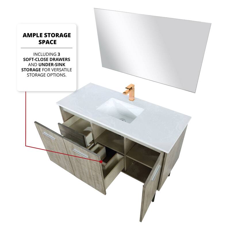 Lancy 48 in W x 20 in D Rustic Acacia Bath Vanity, White Quartz Top and 43 in Mirror