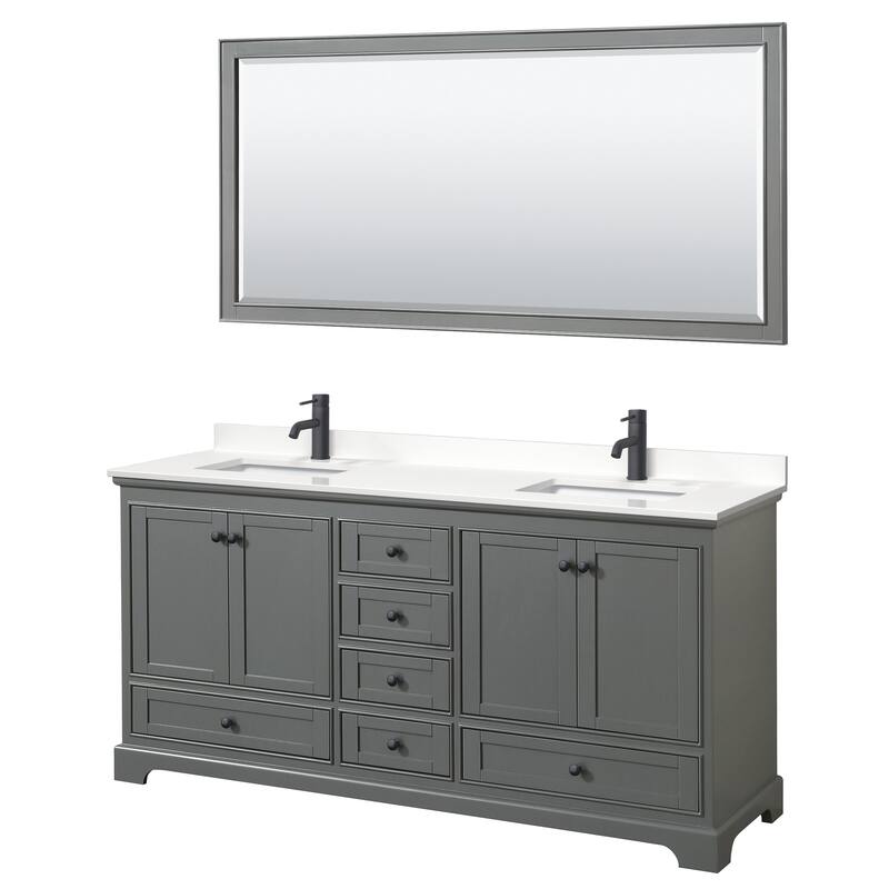 Deborah 72-inch Double Vanity, Quartz Top, 70-inch Mirror - Dark Gray, Black Trim, White Quartz Top