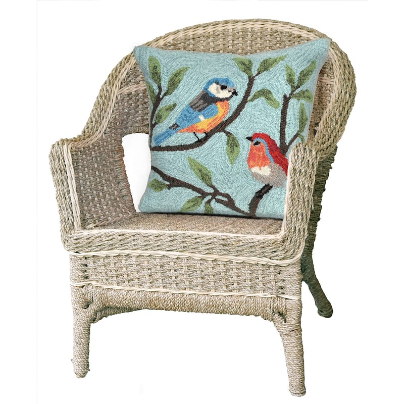Liora Manne Frontporch Birds On Branches Indoor/Outdoor Pillow Aqua 18" Square