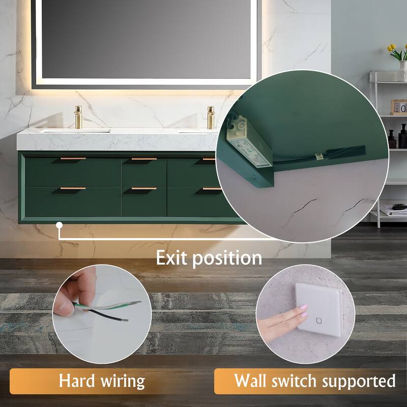 60 Inch Solid Wood Frame Wall-Mounted Bathroom Vanity Set with Double Ceramic Basin