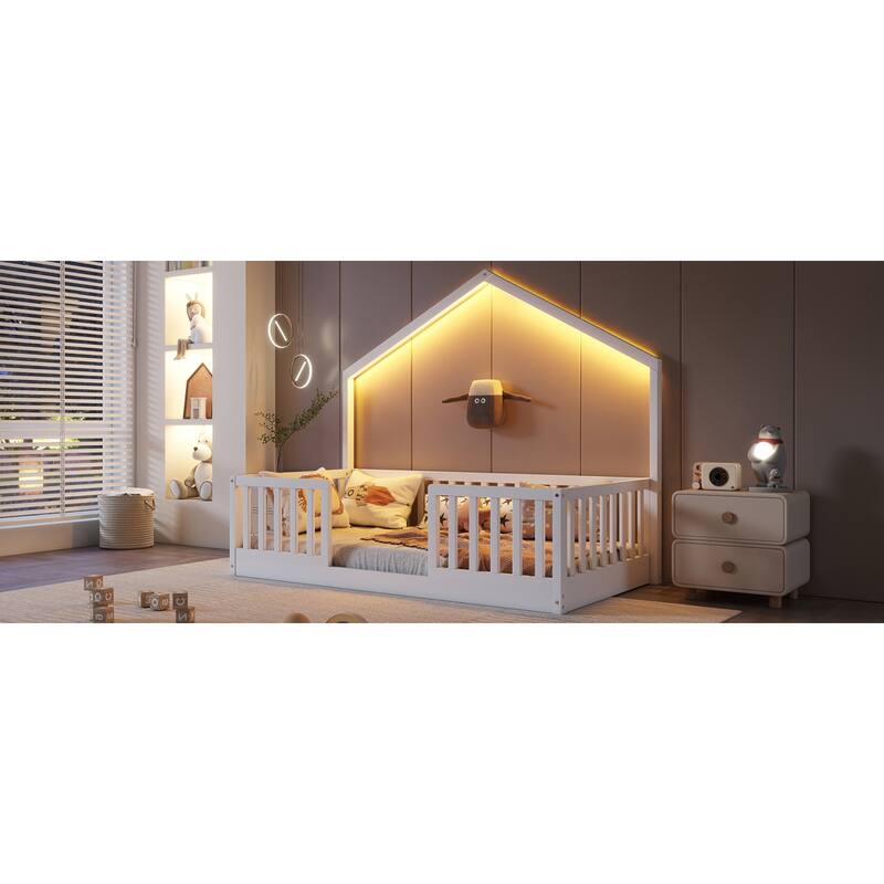 Roomfitters Twin/Full Floor Platform Bed, House Frame and LED Light with Wooden High Rails for Bedrooms or Guest Rooms