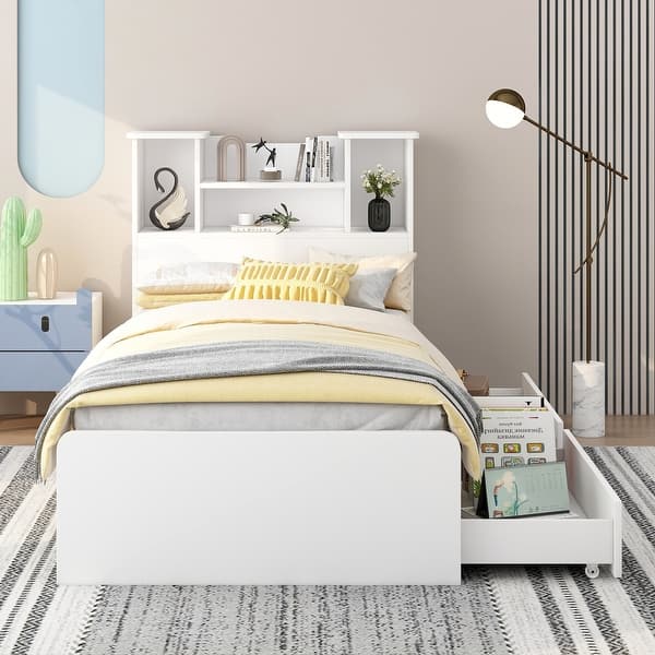 slide 2 of 15, Twin Size Platform Bed Slat Support Storage Bed Frame with 2 Drawers, Slats, LED Headboard and Footboard - White White - Twin
