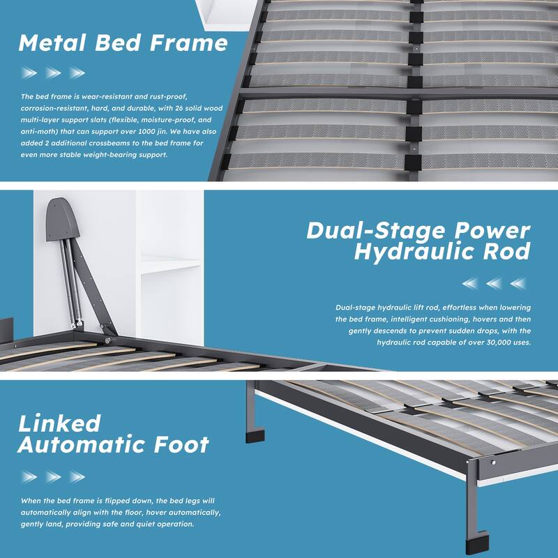 Queen Murphy Bed/Farmhouse Wood Hidden Foldable Wall Bed Frame w/Gas Struts/Solid Wood Support Slats/No Box Spring Needed/White