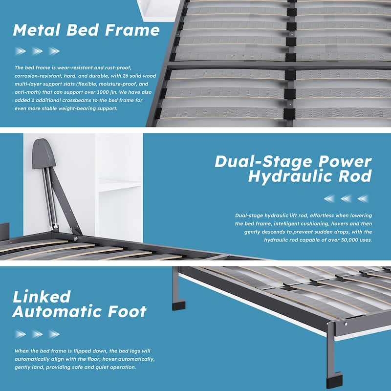 Queen Murphy Wall Bed with Side Storage Cabinets, 89.7in Folding Hidden Bed, Hydraulic Assist, Solid Wood Slats