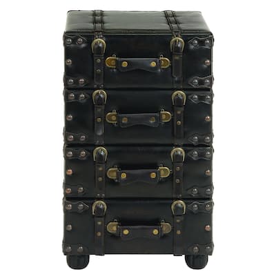 Faux Leather Vintage 4 Drawer Chest with Buckle Straps and Gold Stud Details - Black - Roche River Decor