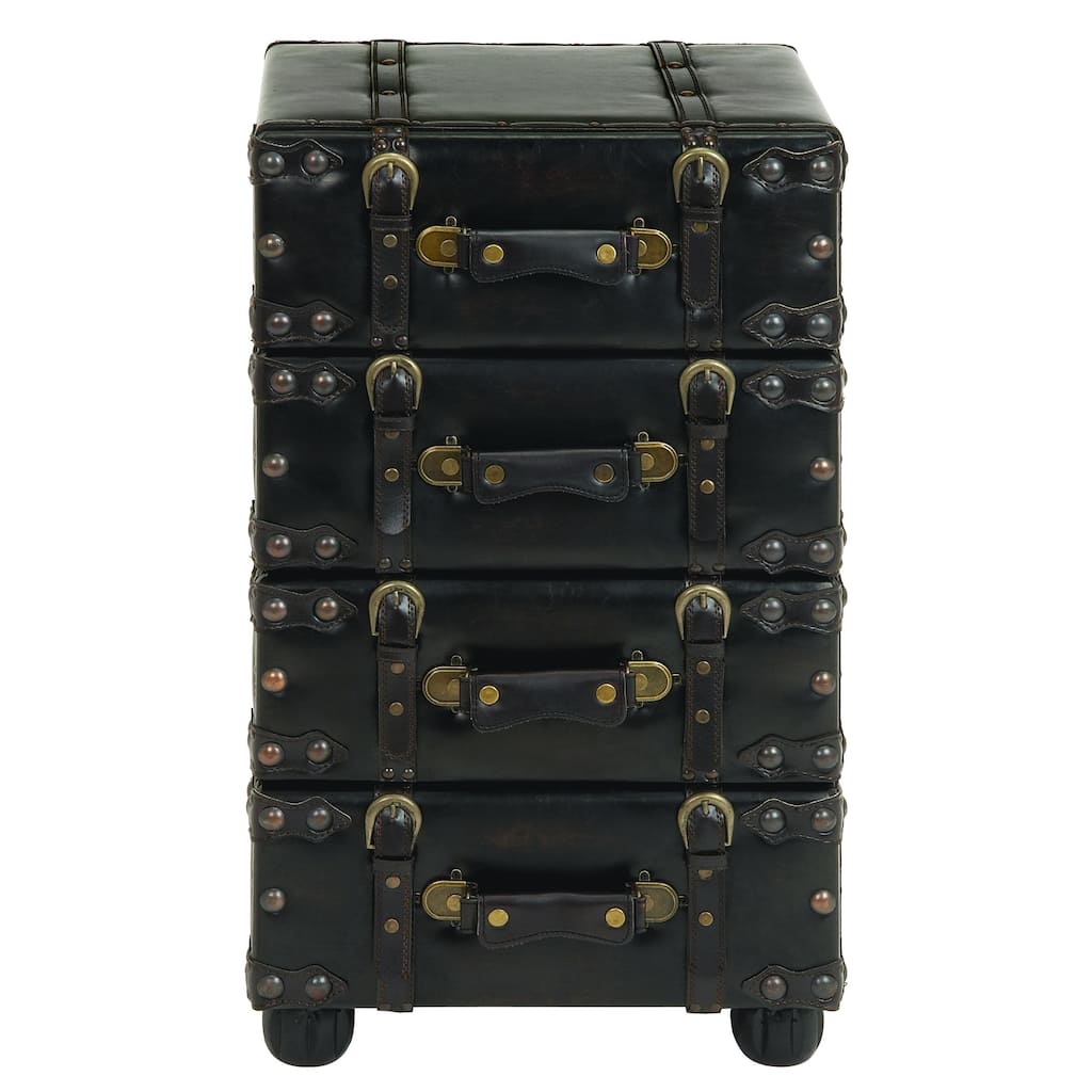 Faux Leather Vintage 4 Drawer Chest with Buckle Straps and Gold Stud Details - Black - Roche River Decor