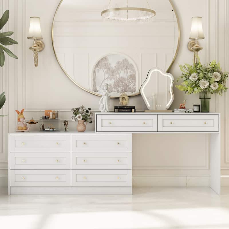 White Dresser & Vanity Set Luxurious Storage with Crystal Accents Desk