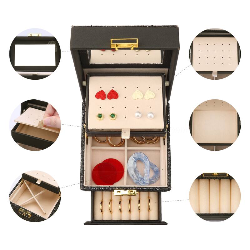 3 Layer Jewelry Box with Mirror for Girls, PU Leather Sequins Jewelry Organizer Case Storage Display Holder with Drawer