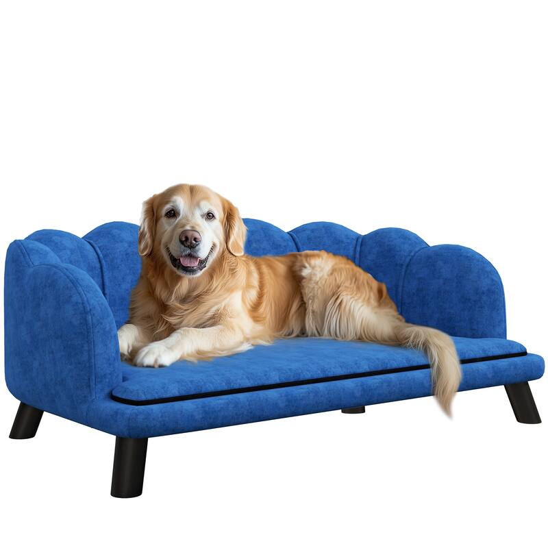 PawHut Velvet Large Dog Couch with Foam Cushion, Soft and Cute Dog Bed with Pearl Design, Dog Sofa for Big and Medium Dogs - Blue