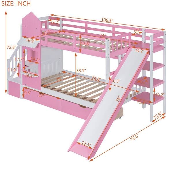 Twin Over Twin Size Bunk Bed Kids Bed with 2 Drawers 3 Shelves and Slide, Pink