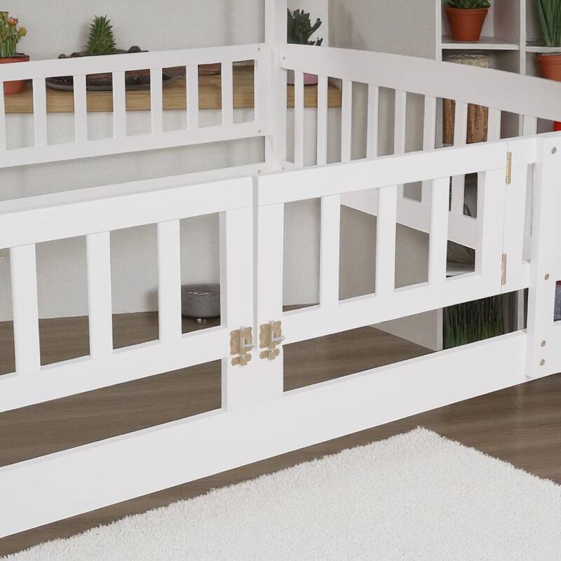 Twin Over Twin / Full Over Full Bunk Bed with Slide and Fence, Low Wood Frame with Ladder for Kids and Teens