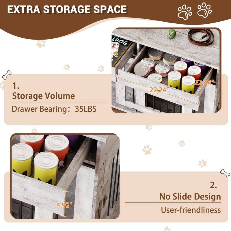 Wooden Dog Crate Kennel Furniture with Barn Door 2 Storage Drawers Removable Divider