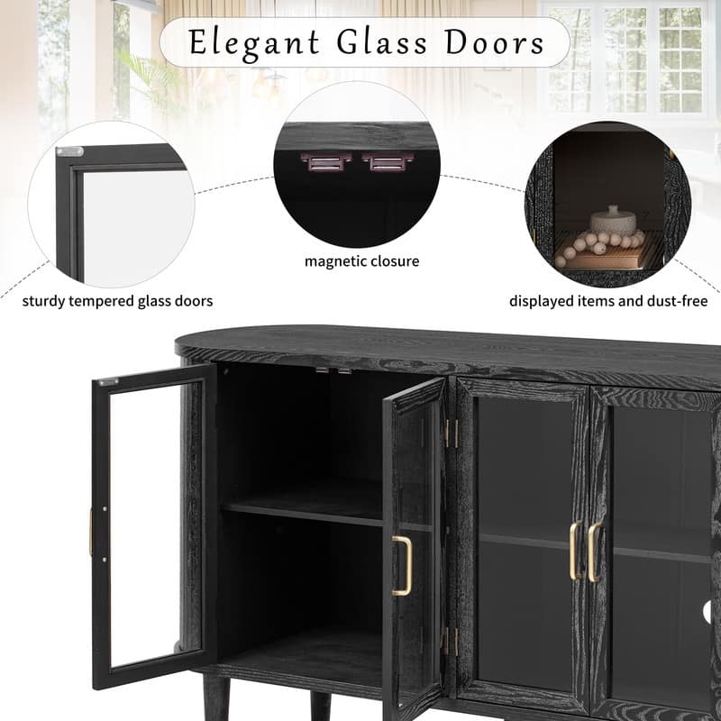 Wooden Farmhouse-Style Sideboard Buffet Cabinet with Glass Doors and Adjustable Shelves for Kitchen, Dining Room.