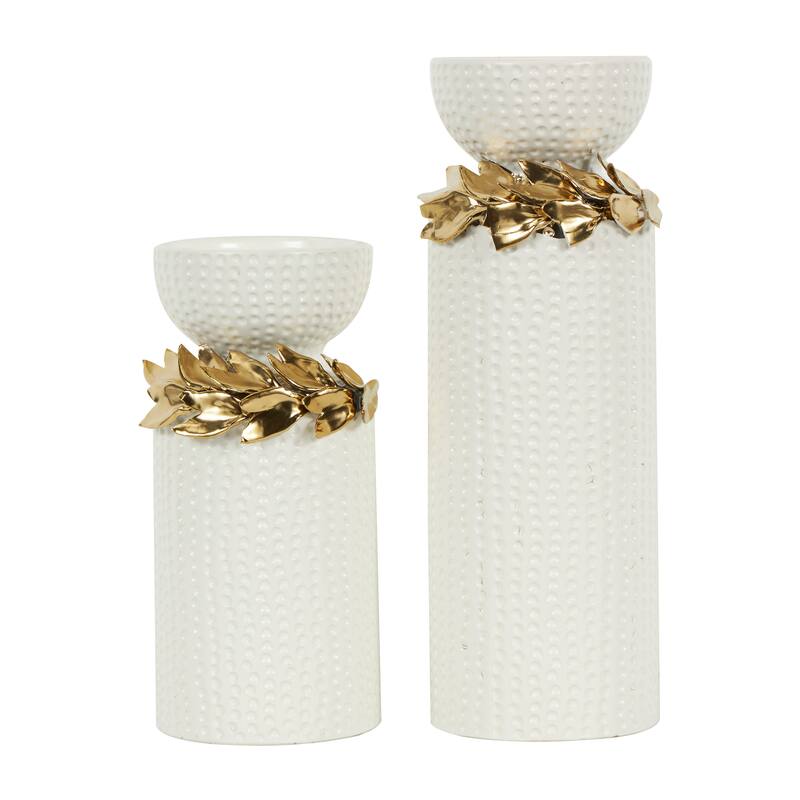 White Ceramic Candle Holder with Abstract Spotted Pattern and Gold Leaf Accents (Set of 2)