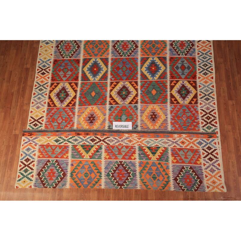 Colorful Geometric Kilim Oriental Area Rug Flatweave Wool Carpet - 8'5" x 11'9"