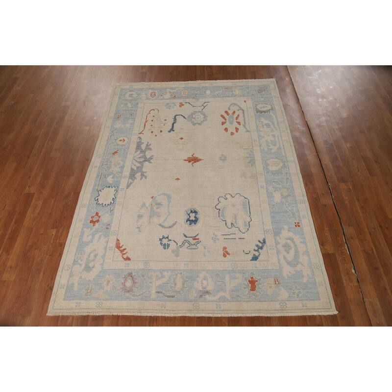 Vegetable Dye Beige Oushak Turkish Rug Hand-Knotted Wool Carpet - 5'2"x 7'0"