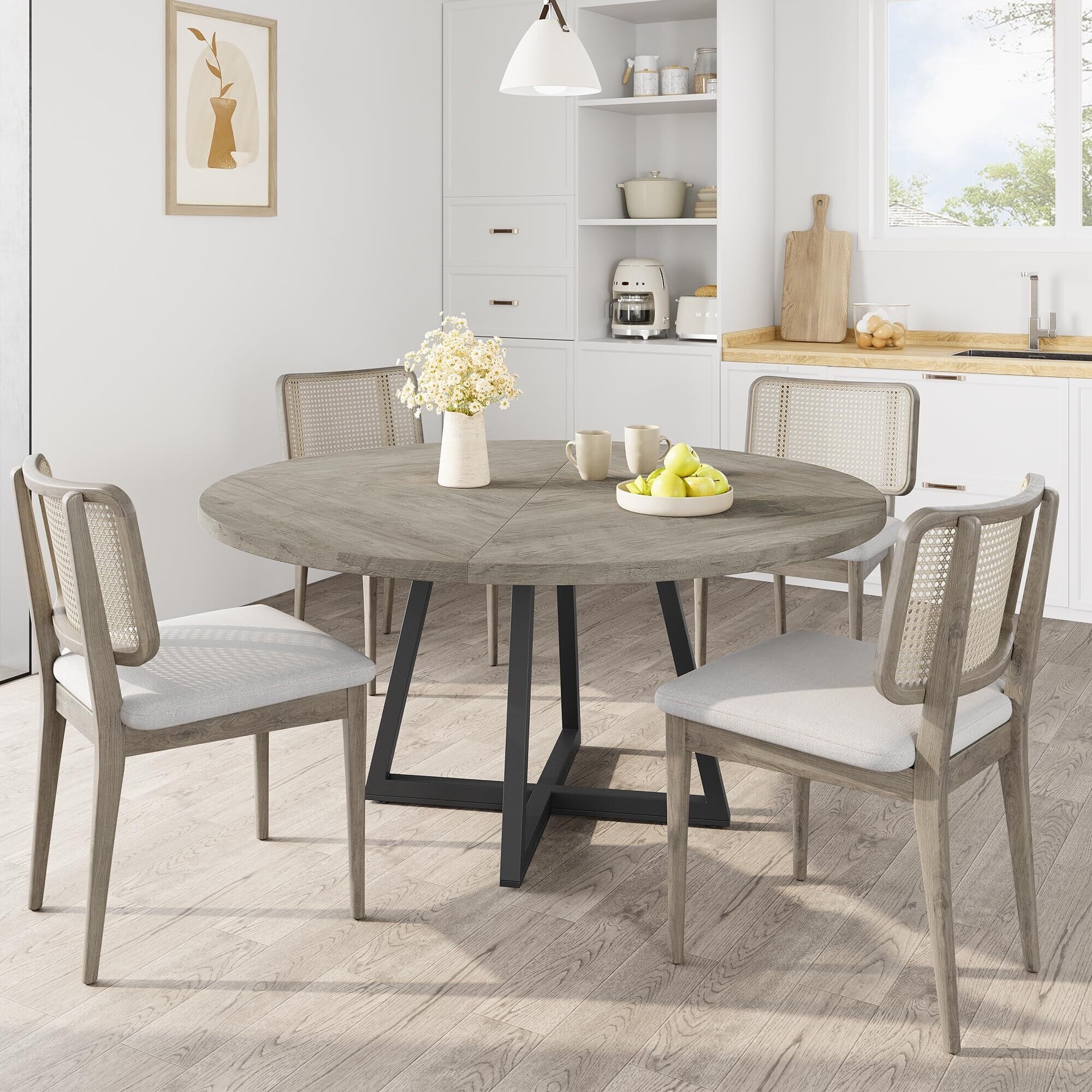 47 inch Round Large Dining Table Wooden Kitchen Table Set for 4