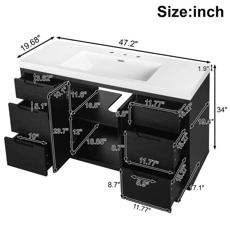47.2"Modern Bathroom Vanity with 2 Cabinet Doors, 6 Drawers, Hidden Soft-Close Slides, SMC Resin Top, Space-Saving Design