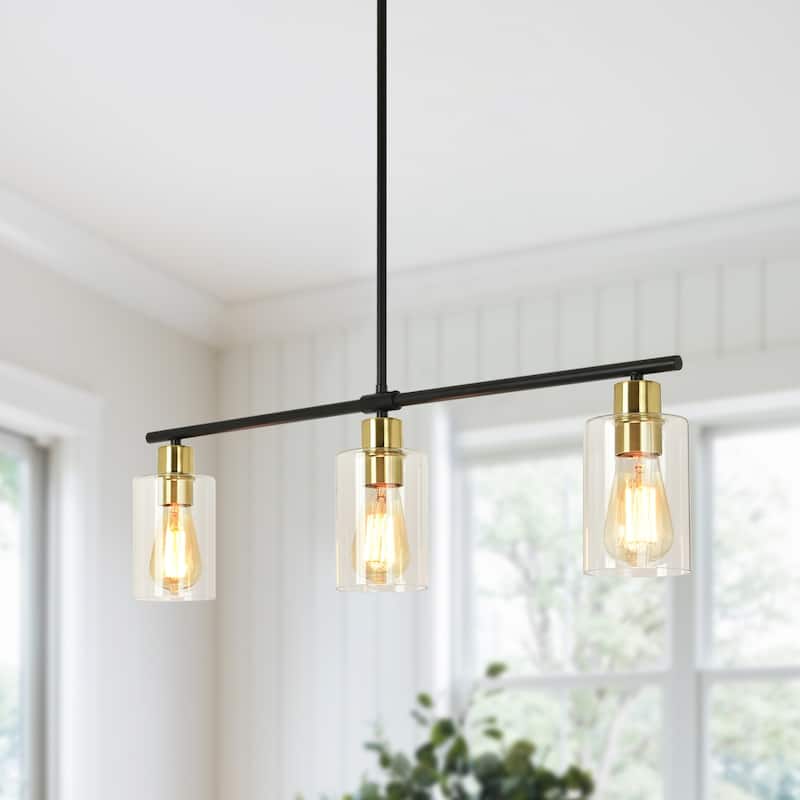 3-Light Adjustable Pendant Light Fixtures with Clear Glass Shade - Black Gold