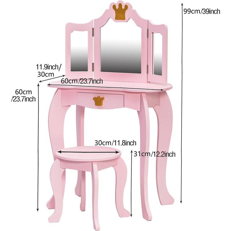 Kids Vanity Table with Tri-Folding Mirror & Drawer Makeup Desk