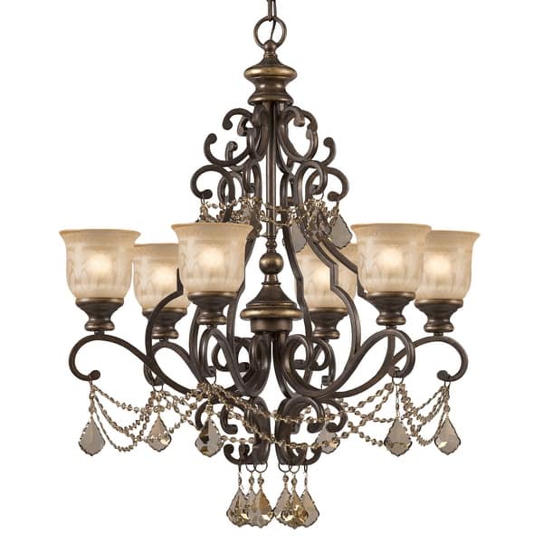 slide 1 of 1, Norwalk 6 Light Golden Teak Crystal Chandelier - 28'' W x 32'' H 28'' W x 32'' H