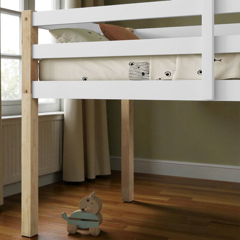 Solid Wood Twin Loft Bed with Ladder, Rubber Wood Frame Low Height Design with Guard Rails and Storage Space