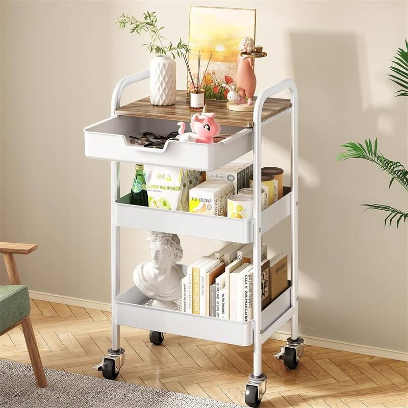 3 Tier Rolling Cart - 11.4"D x 16.5"W x 28.9"H - Metal Finish - White
