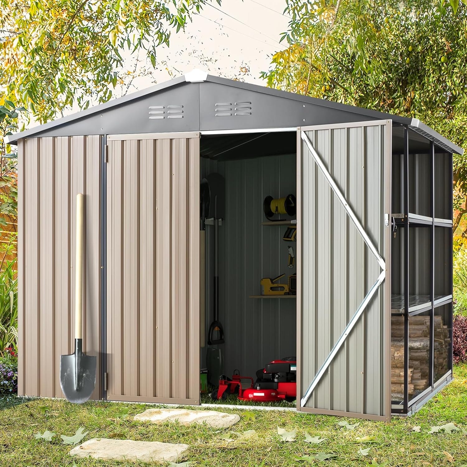 AECOJOY Outdoor Metal Storage Shed with Rack Utility Shed w/ Shelves - Thumbnail 2