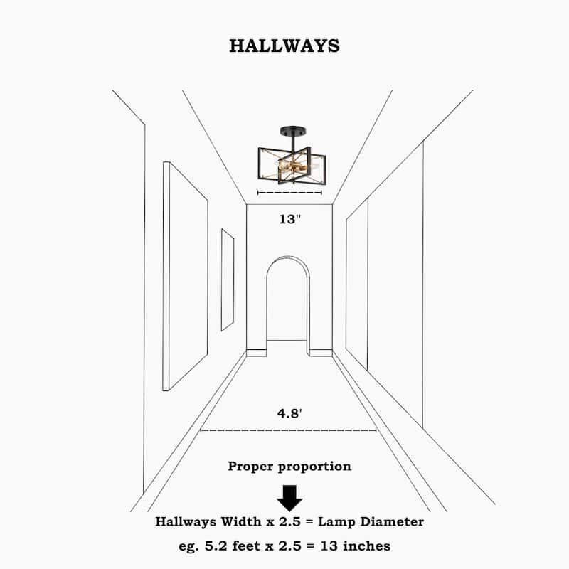 Modern Black Gold 3-Light Sputnik Semi-Flush Mount Ceiling Light Cage Starburst Chandeliers - 13"L x 10.5"H