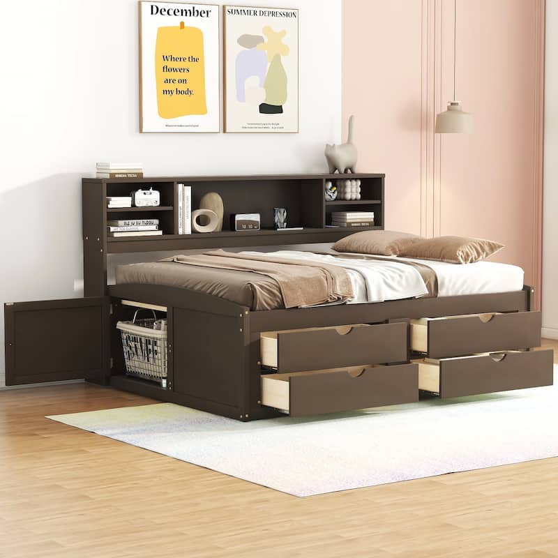 Full Daybed with Storage Drawers, Shelves & Bedside Cabinets, No Box Spring Needed - Antique Brown - Full