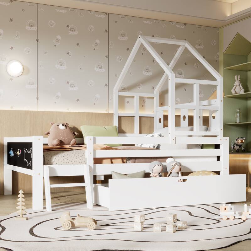 Twin Size House Bed with Ladder and Storage Drawers