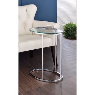Stylish Oval Shaped Metal Snack Table With Glass Top - 24.5 H x 18 W x 11.25 L Inches