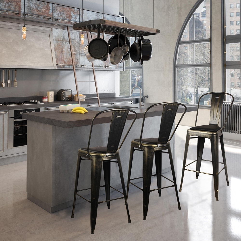 High Back Metal Barstool with Black Brown Leather Cushion Set of 2 Bed Bath Beyond 34707524
