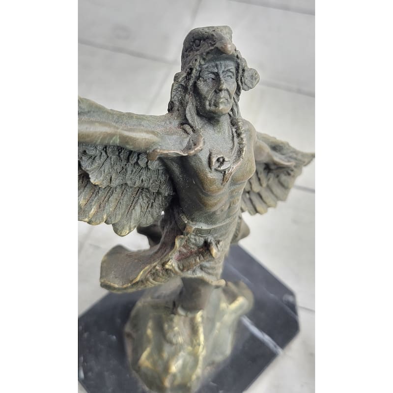 Native American Indian Eagle Dancer Shaman Medicine Man Bronze Sculpture Statue Marble Base