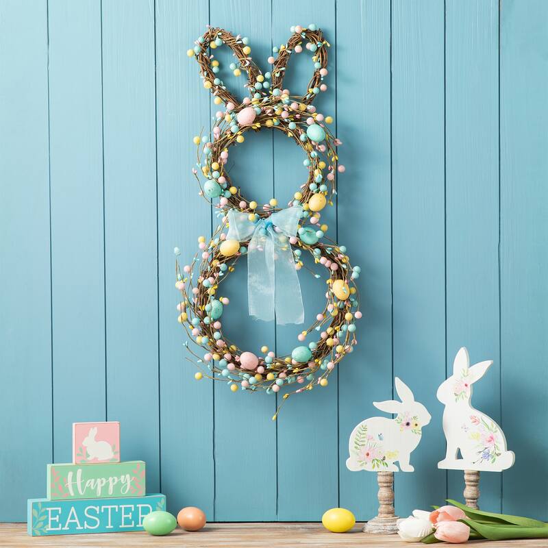 Glitzhome Easter Bunny Shaped Wreath with Eggs Satin Ribbon Bow Basket