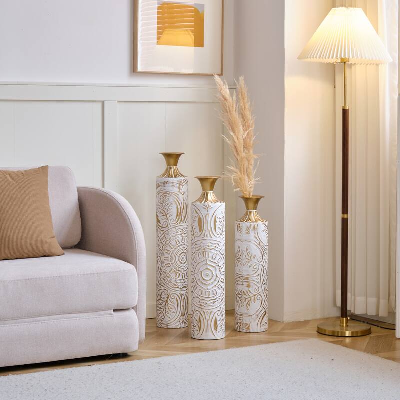 Set of 3 Metal Decorative White Glazed Vase with 3D for Home Office - 32.48in+28.54in+24.61in