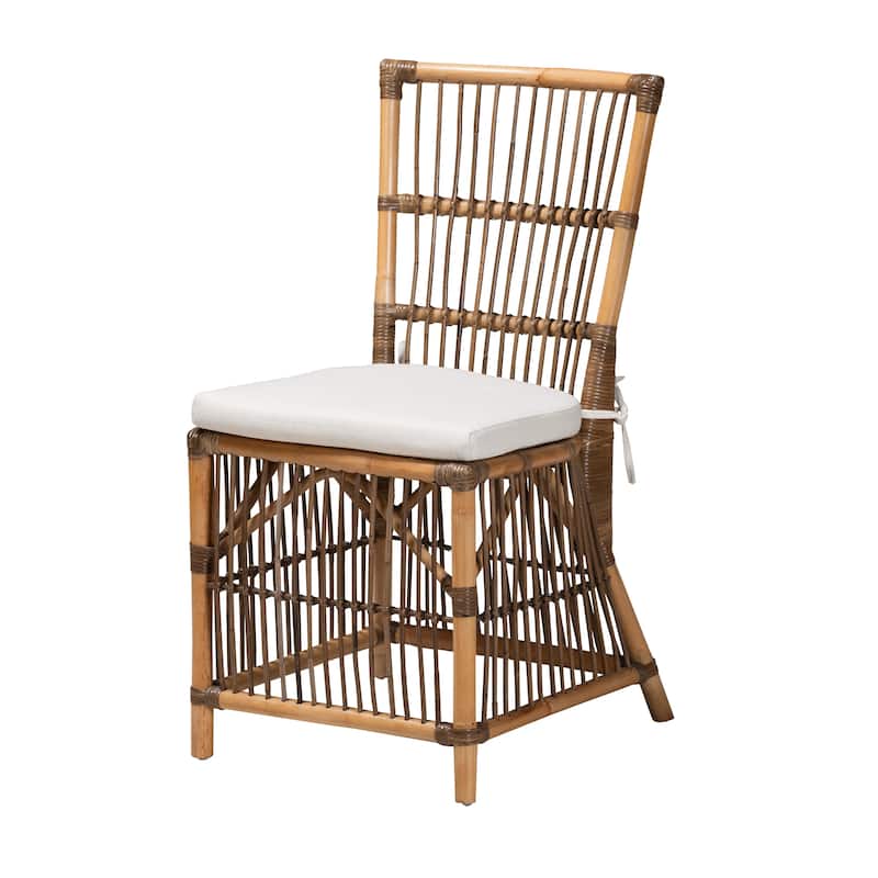 Kim Modern Bohemian White Fabric and Natural Brown Rattan Dining Chair - White, Natural Brown