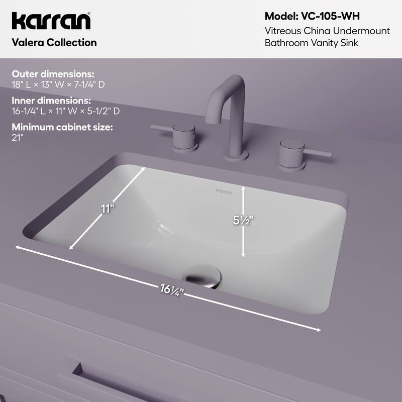 Karran 18" Undermount Vitreous China Bathroom Sink In White