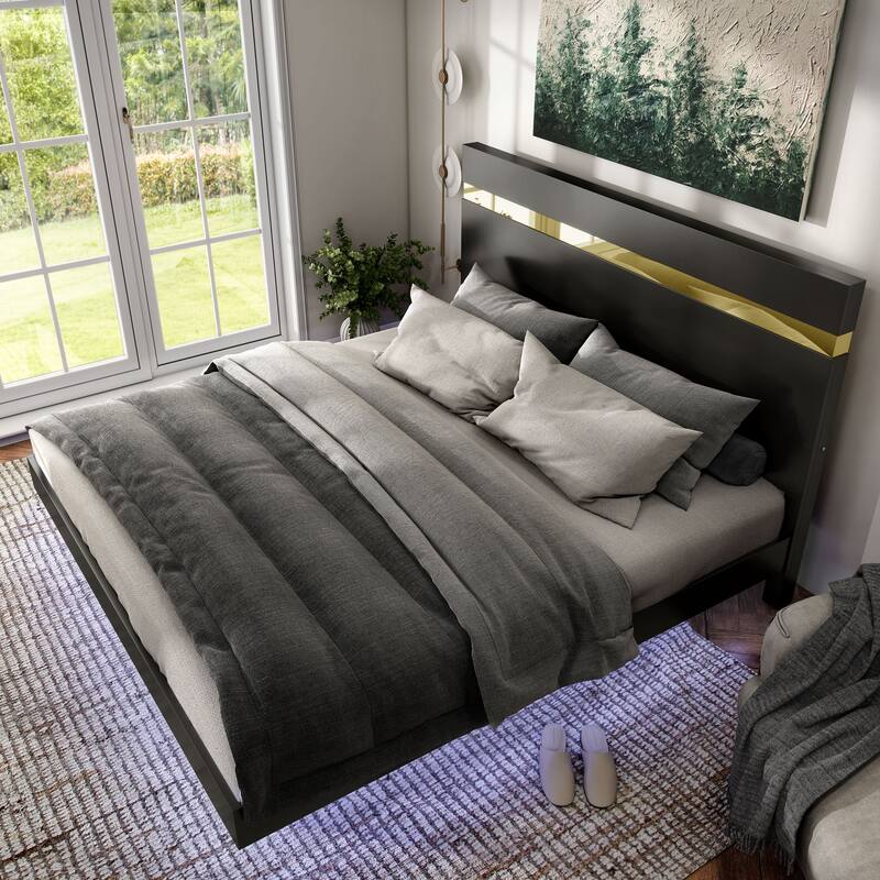 Furniture of America Halifax Modern 2-Piece Wood Black Platform Bedroom Set with Underbed LED