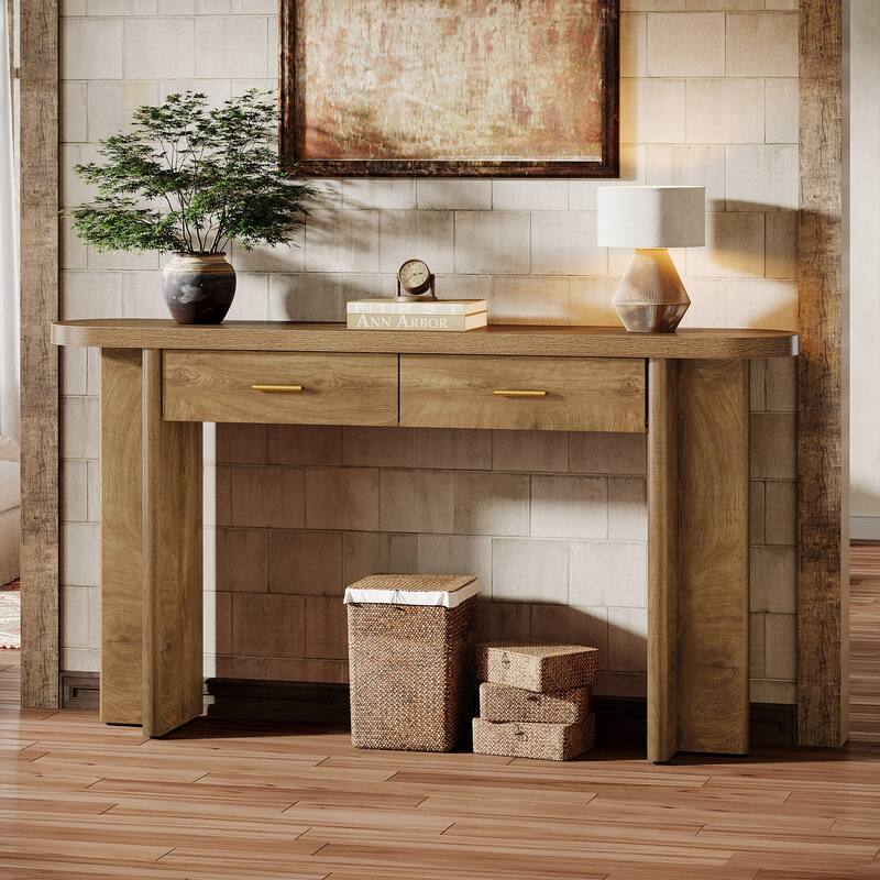 Farmhouse Console Table with 2 Drawers Oval Curved SofaTable for Entryway - Brown