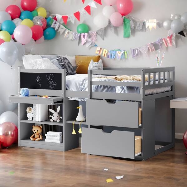 slide 2 of 27, Twin Size Low Loft Bed With Rolling Desk,Shelf and Drawers for Home Grey