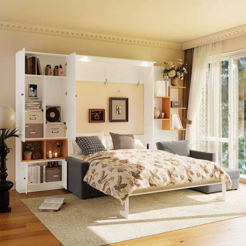 Modern Queen Murphy Bed with Sofa & Storage Shelves, Space-Saving Wall Bed with Integrated LED Lights