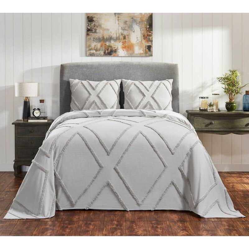 Fabstyles Arizona Chenille Tufted Cotton 3 Piece Bedspread Quilt Set - Grey - Queen