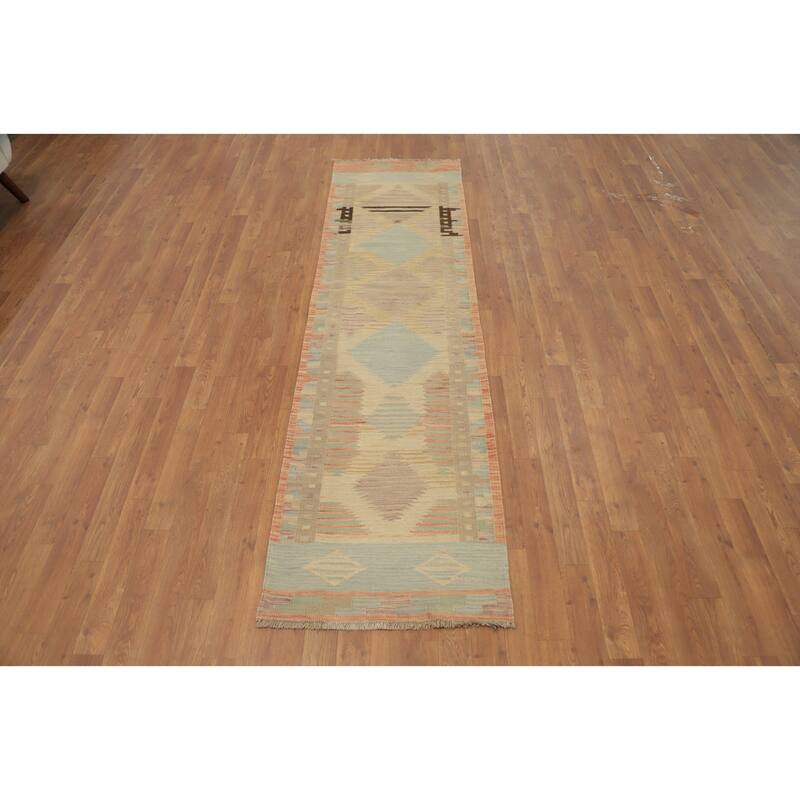 Hand Woven Oriental 100% Wool Carpet Southwestern Tribal Multi-Colored Kilim Runner Rug - 8' 0'' X 2' 2''