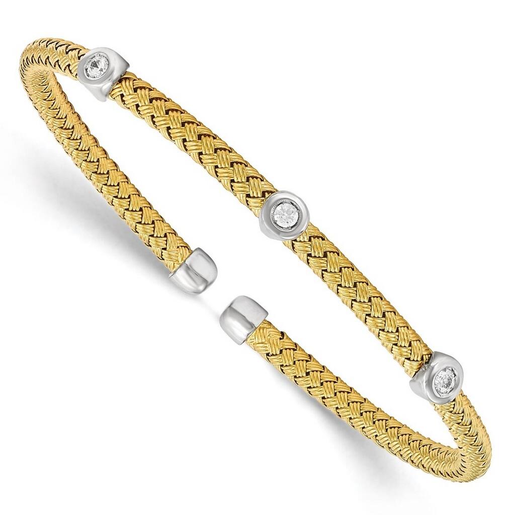 Curata 925 Sterling Silver Gold-plated 3.7mm Station Cubic Zirconia Woven Flexible Cuff Bangle
