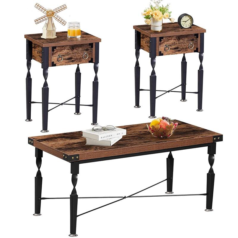 VECELO Nightstands, Coffee Table, Modern Coffee Table Sets, Rustic Brown, Set of 1/2/3