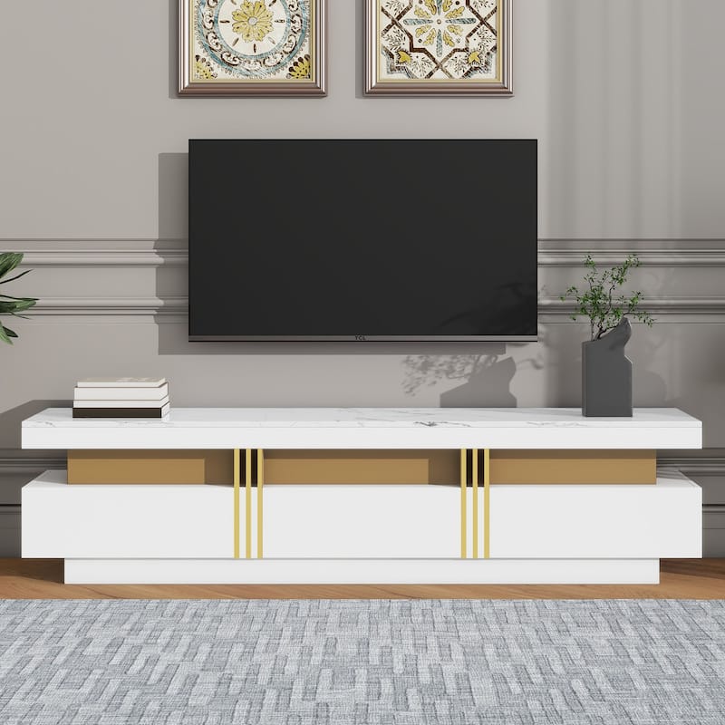 Luxury TV Stand with High Gloss Faux Marble Top for TVs Up to 78'', Rectangle Media Console with Golden Panel.
